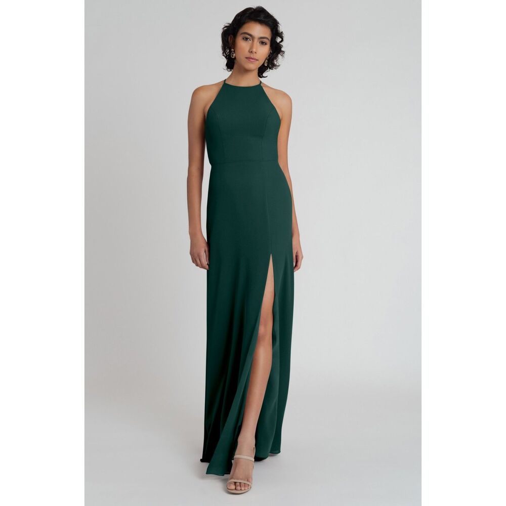 Jenny Yoo Kaia Long Pebbled Crepe Bridesmaid Dress. Halter. Slit Low Open Back
